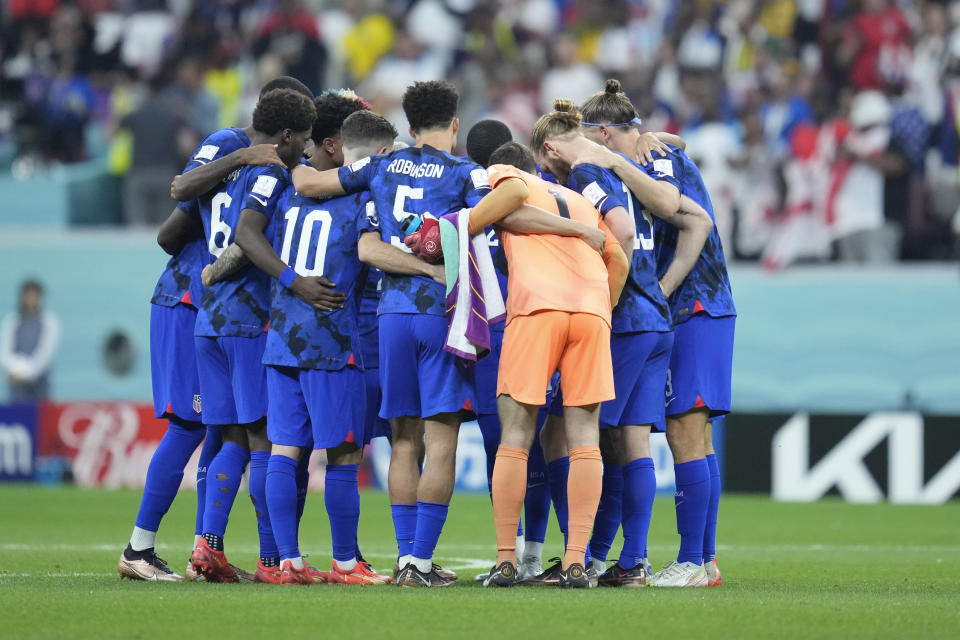 United States players prepare before the start of the second half of the World Cup group B soccer match between England and The United States, at the Al Bayt Stadium in Al Khor , Qatar, Friday, Nov. 25, 2022. (AP Photo/Ashley Landis)