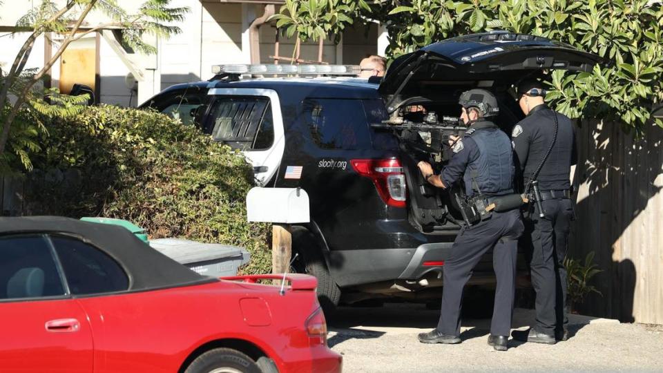 Officers respond outside a house in the 500 block of South Street in San Luis Obispo on Nov. 3, 2023.