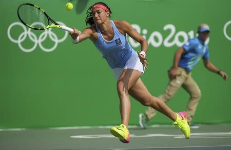 2016 Rio Olympics - Tennis - Preliminary - Women's Singles Second Round - Olympic Tennis Centre - Rio de Janeiro, Brazil - 08/08/2016. Caroline Garcia (FRA) of France in action against Johanna Konta (GBR) of United Kingdom. REUTERS/Toby Melville