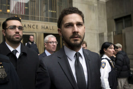File Photo: Actor Shia LaBeouf exits the Manhattan Criminal Courthouse following an appearance in New York, March 20, 2015. REUTERS/Brendan McDermid/File Photo