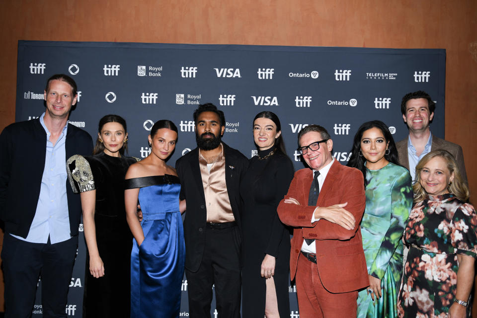 TORONTO, ONTARIO - SEPTEMBER 08: (L-R) Jonas Katzenstein, Elizabeth Olsen, Alicia Vikander, Himesh Patel, Fleur Fortune, Stephen Woolley, Shivani Rawat, Grant S. Johnson, and Julie Goldstein attend the premiere of 