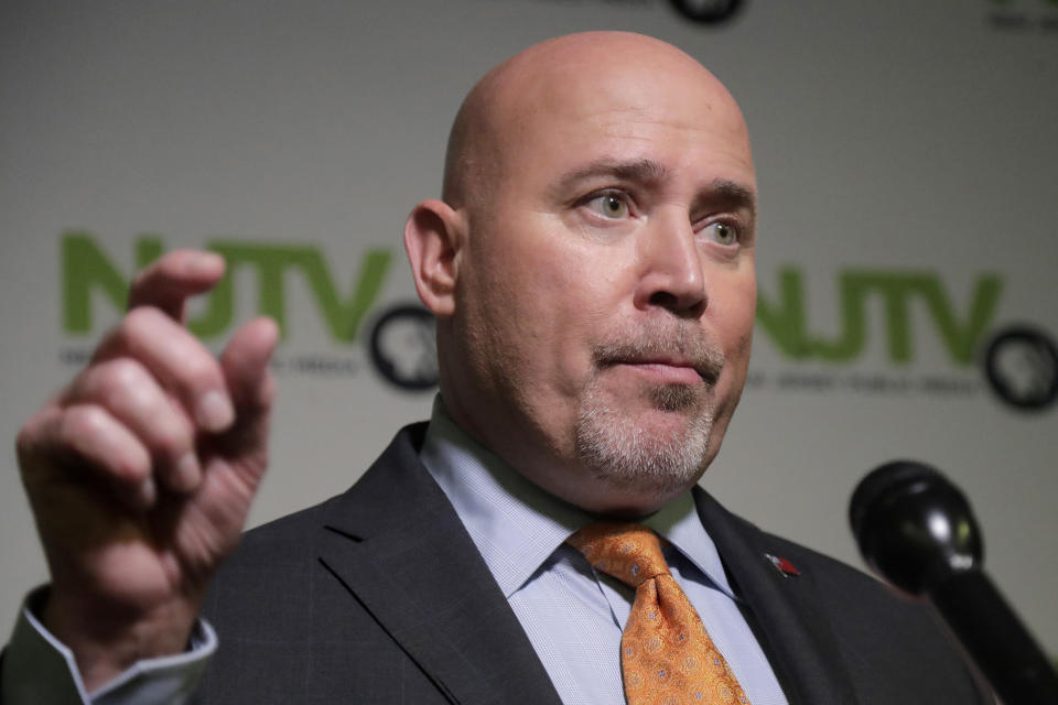 FILE- In this Oct. 31, 2018 file photo, Tom MacArthur, the Republican candidate in New Jersey's third Congressional District, speaks during a debate with Democratic candidate Andy Kim in Newark, N.J. (AP Photo/Julio Cortez, File)