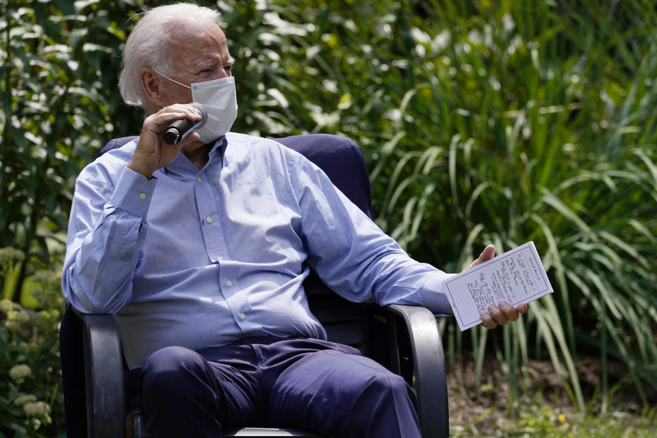 Democratic presidential candidate former Vice President Joe Biden speaks during an event with local union members in the backyard of a home in Lancaster, Pa., Monday, Sept. 7, 2020. (AP Photo/Carolyn Kaster)