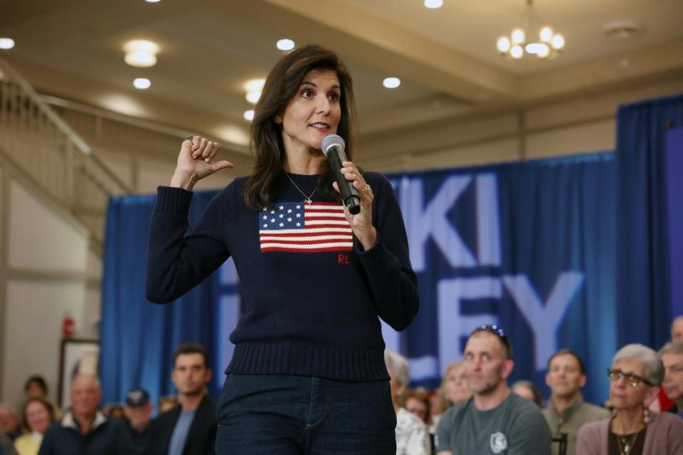 Republican presidential candidate and former U.N. Ambassador Nikki Haley speaks at a town hall event in New Hampshire on April 26, 2023 in Bedford, New Hampshire.