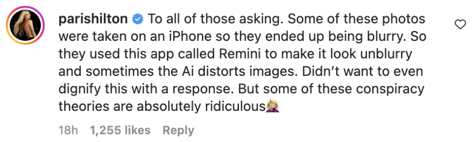 Screenshot of Paris Hilton's Instagram comment