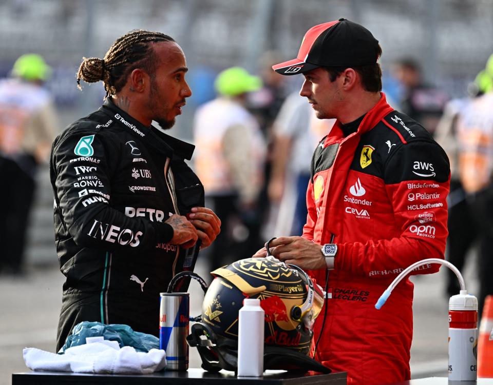 Hamilton with soon-to-be teammate Charles Leclerc.