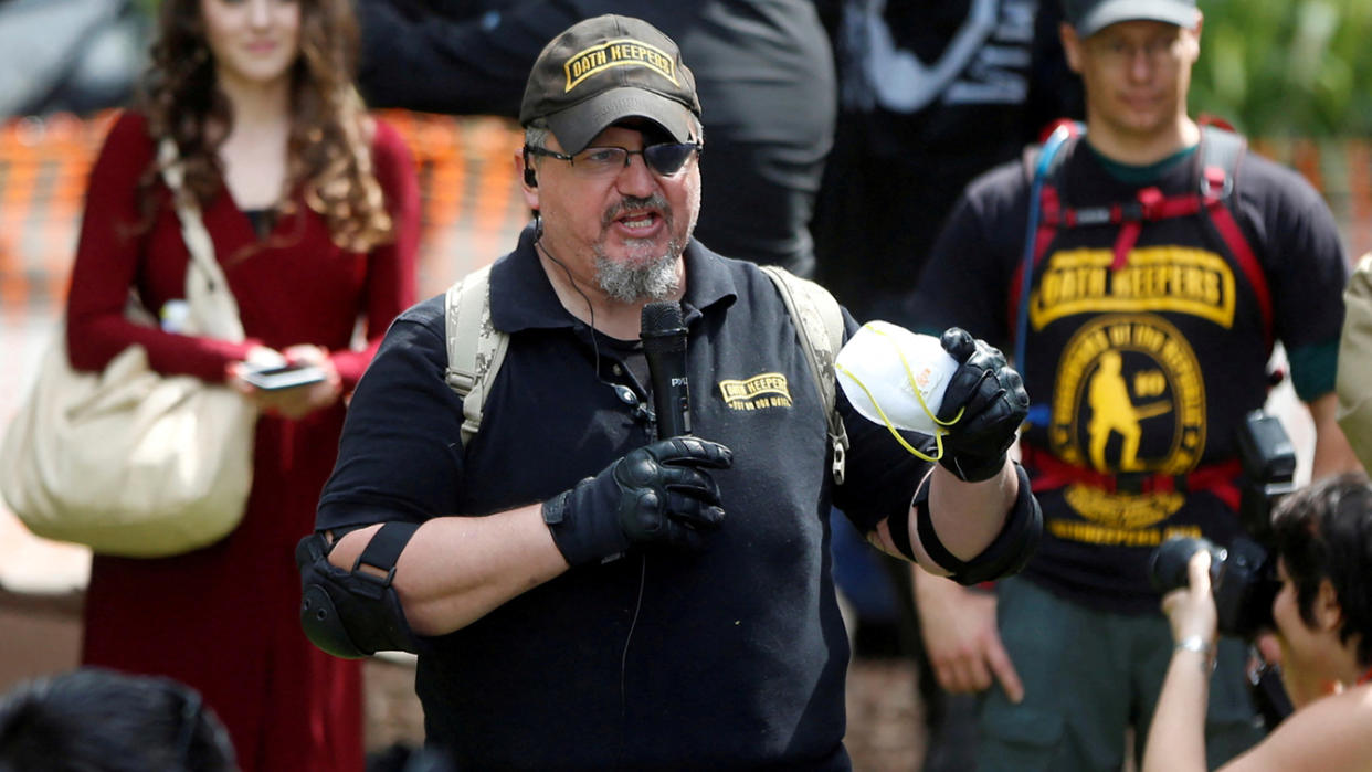 Oath Keepers founder, Stewart Rhodes, speaks during the Patriots Day Free Speech Rally in Berkeley, California, U.S. April 15, 2017. (Jim Urquhart/Reuters)