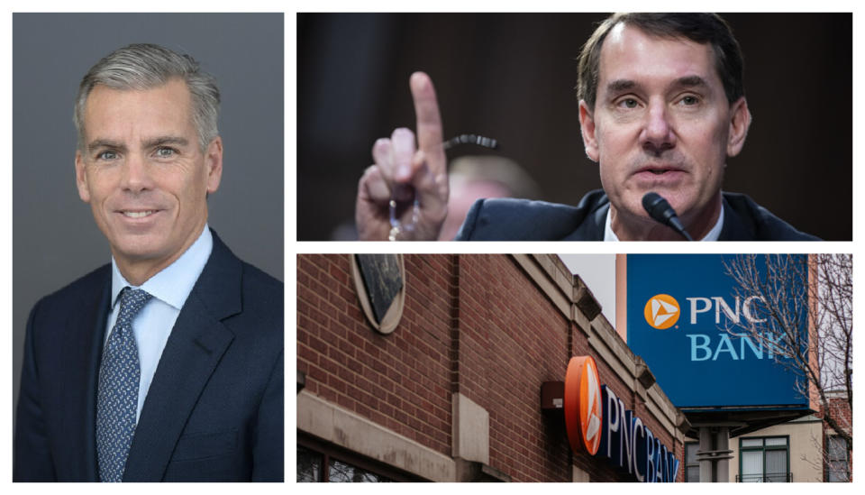 of new PNC President Michael P. Lyons at left, a photo of PNC CEO William Demchak top right, and a photo of a PNC branch bottom right.