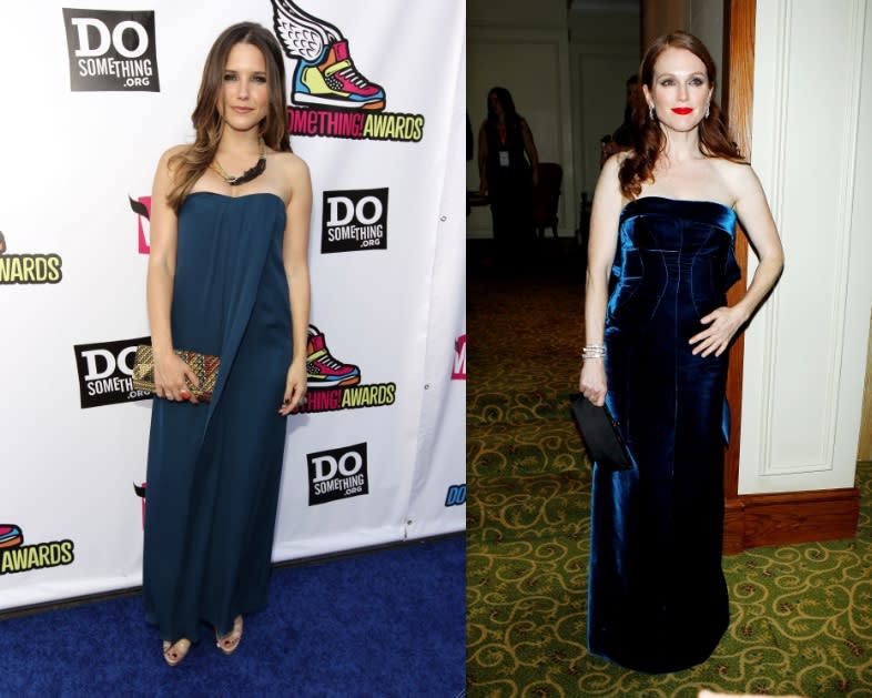 Sophia Bush (29) is carefree and pretty in her navy strapless gown, but Julianne Moore (50) is REGAL in her cobalt velvet version, with Old Hollywood hair and make-up. The lesson? Go for it. (Christopher Polk/Getty & Dave M. Benett/Getty)