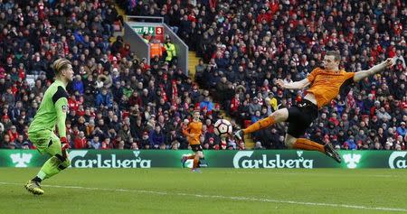 Britain Football Soccer - Liverpool v Wolverhampton Wanderers - FA Cup Fourth Round - Anfield - 28/1/17 Wolverhampton Wanderers' Jon Dadi Bodvarsson shoots at goal Reuters / Phil Noble Livepic