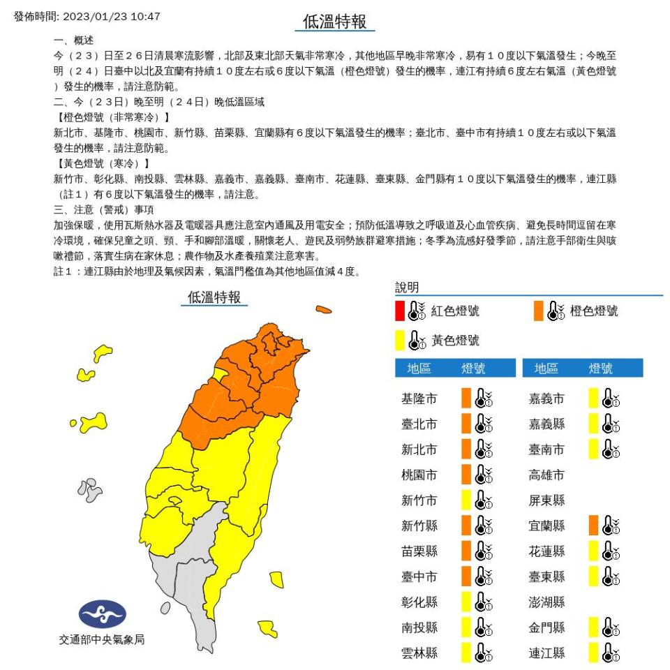 低溫特報。（圖／氣象局）
