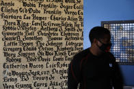 Volunteer Kevin Hunt stands against a wall bearing the names of tenants, who died while living in the Nickerson Gardens housing project, in the Watts neighborhood of Los Angeles, Wednesday, June 10, 2020. (AP Photo/Jae C. Hong)