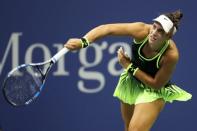 Sep 5, 2016; New York, NY, USA; Ana Konjuh of Croatia serves against Agnieszka Radwanska of Poland (not pictured) on day eight of the 2016 U.S. Open tennis tournament at USTA Billie Jean King National Tennis Center. Mandatory Credit: Geoff Burke-USA TODAY Sports