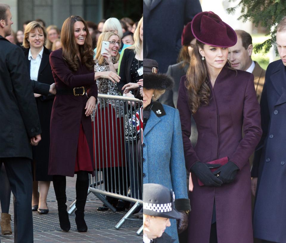 <p>Rumored to have designed this sleek eggplant topper herself, Middleton has worn it to visit Newcastle in November 2012 and to Christmas Day services in Sandringham in 2011. </p>