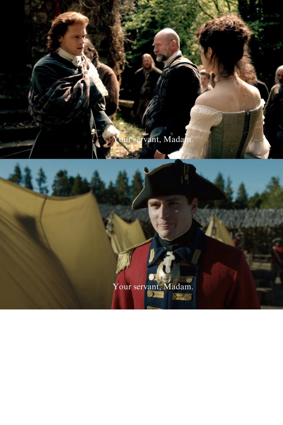 Jame (Sam Heughan) in "Outlander" season one, episode seven and William (Charles Vandervaart) in season seven, episode six.