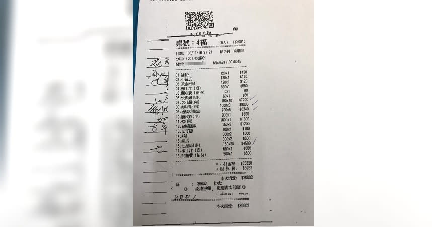 L男帶客戶到復興南路某知名海鮮餐廳用餐，一頓飯超過3萬6000元。（圖／讀者提供）