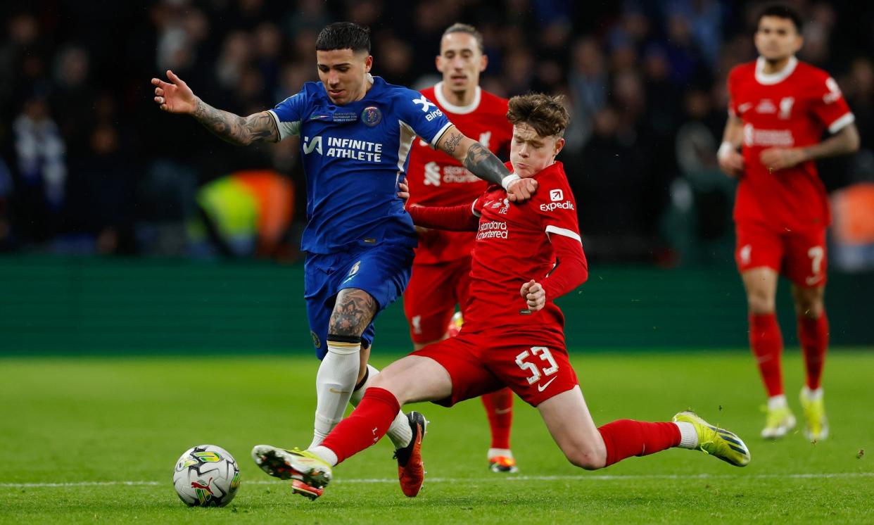 <span>Enzo Fernández of Chelsea is halted by 19-year-old James McConnell of Liverpool.</span><span>Photograph: Tom Jenkins/The Guardian</span>