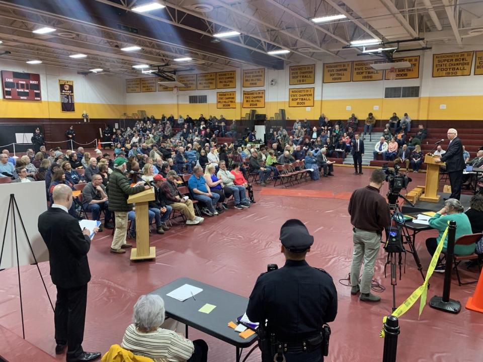 Voters filled the gym at Swansea's Joseph Case High School for a Special Town Meeting on a marijuana overlay zoning district on Thursday, March 23, 2023.