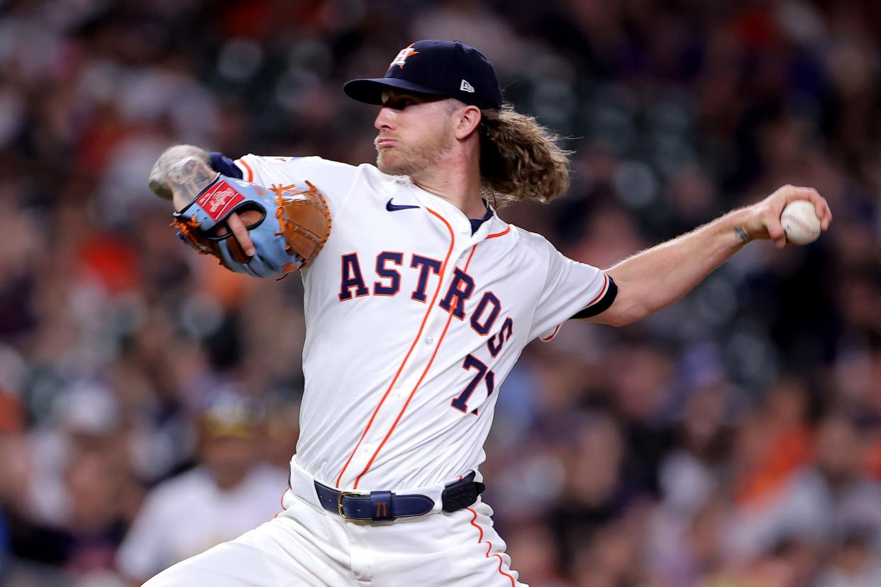 May 14, 2024; Houston, Texas, USA; Houston Astros relief pitcher Josh Hader (71) delivers a pitch against the Oakland Athletics during the ninth inning at Minute Maid Park. Mandatory Credit: Erik Williams-USA TODAY Sports