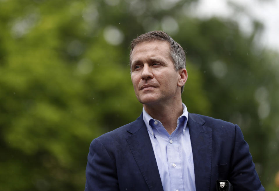 FILE- In this May 17, 2018, photo, then Missouri Gov. Eric Greitens waits to deliver remarks to a small group of supporters near the capitol in Jefferson City, Mo. Greitens' political future seemed doomed by scandal when he resigned as Missouri governor. Now, he appears primed to test whether Sen. Roy Blunt's retirement provides a path for redemption within a Republican Party searching for direction after former President Donald Trump's election loss. (AP Photo/Jeff Roberson, File)