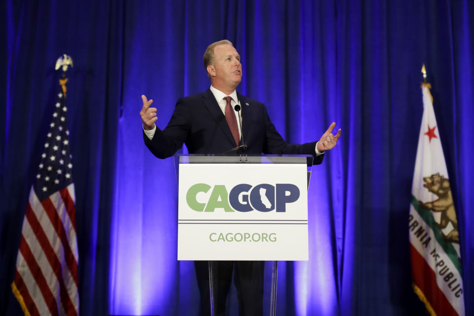 FILE - In this Sept. 7, 2019, file photo, San Diego Mayor Kevin Faulconer speaks during the California GOP fall convention in Indian Wells, Calif. Faulconer is forming a committee to begin raising money for a potential run for governor. The Republican's announcement on Twitter comes as supporters of a possible recall election aimed at Democratic Gov. Gavin Newsom continue gathering petition signatures needed to qualify for the ballot. (AP Photo/Chris Carlson, File)