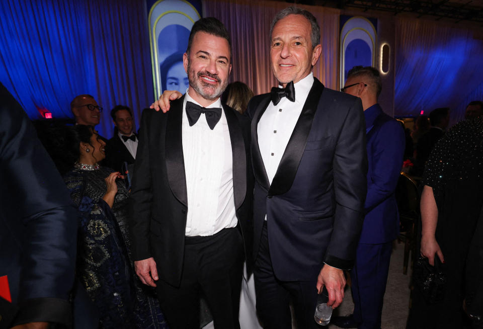 Oscars host Jimmy Kimmel poses with Bob Iger at the Governors Ball after the Oscars show during the 96th Academy Awards in Hollywood, Los Angeles, California, U.S., March 10, 2024. REUTERS/Mario Anzuoni