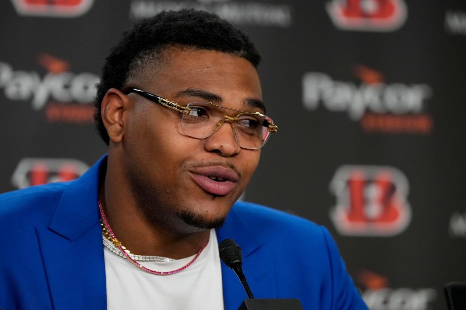 Newly signed Cincinnati Bengals offensive tackle Orlando Brown Jr. gives his first press conference after signing with the team at Paycor Stadium in downtown Cincinnati on Friday, March 17, 2023. Brown is expected to play left tackle and will wear No. 75 in the upcoming season.