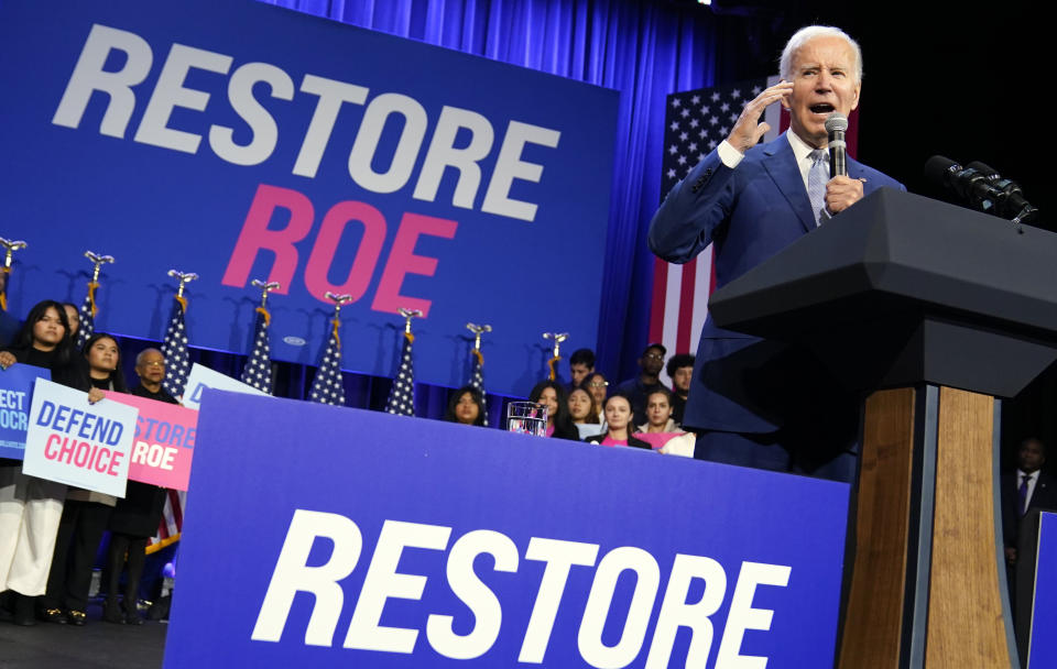 FILE - President Joe Biden speaks about abortion access during a Democratic National Committee event Oct. 18, 2022, in Washington. As he campaigns for a second term, Biden is highlighting how women’s health has been affected by the overturning of federal abortion protections. His campaign is getting help from two women who say abortion restrictions put them in medical peril. Amanda Zurawski of Texas and Kaitlyn Joshua of Louisiana say their personal experiences are driving them to campaign for Biden in North Carolina and Wisconsin over the next two weeks. (AP Photo/Evan Vucci, File)