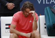 Stefanos Tsitsipas of Greece reacts after losing to Casper Ruud of Norway 7-5, 6-3 during the final of the Barcelona Open tennis tournament in Barcelona, Spain, Sunday, April 21, 2024. (AP Photo/Joan Monfort)