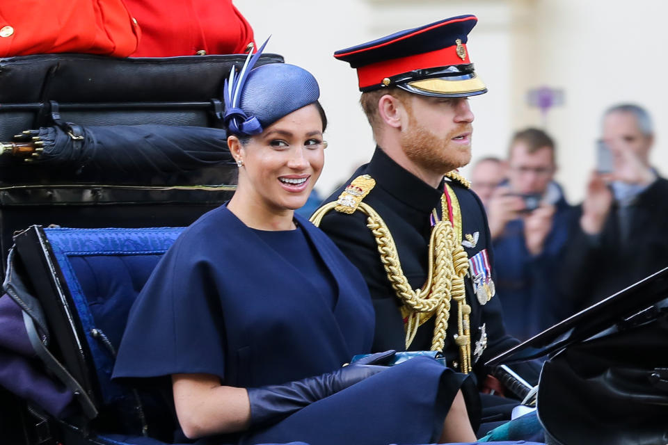 LONDON, UNITED KINGDOM - 2019/06/08: Meghan Duchess of Sussex and Prince Harry are seen in a carriage on their way to Buckingham Palace after attending the Trooping the Colour ceremony, which marks the 93rd birthday of, Queen Elizabeth II, Britain's longest reigning monarch. (Photo by Dinendra Haria/SOPA Images/LightRocket via Getty Images)