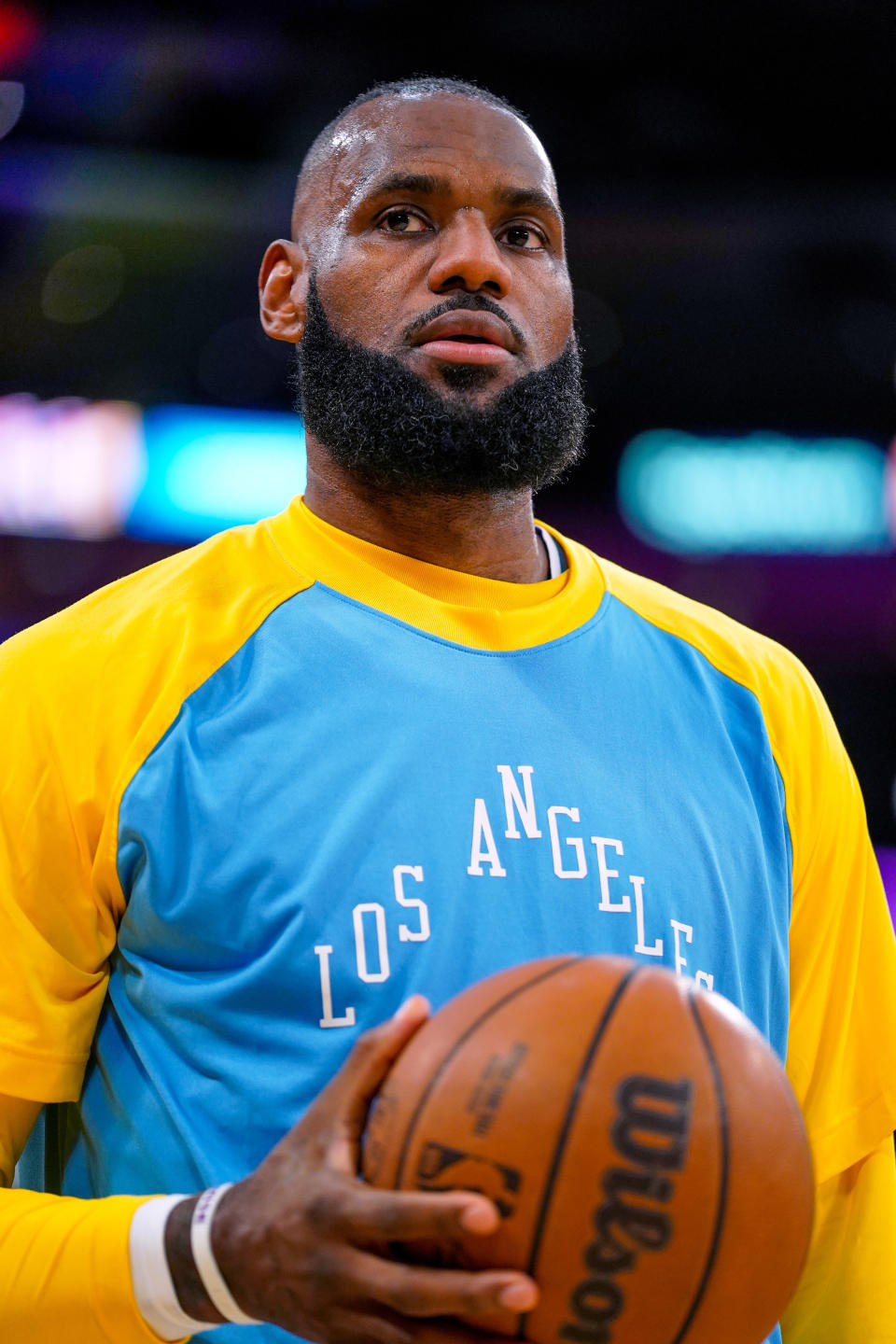 LeBron James is pictured in his Los Angeles Lakers gear as he&#xa0;prepares for a game against the New Orleans Pelicans on April 1, 2022