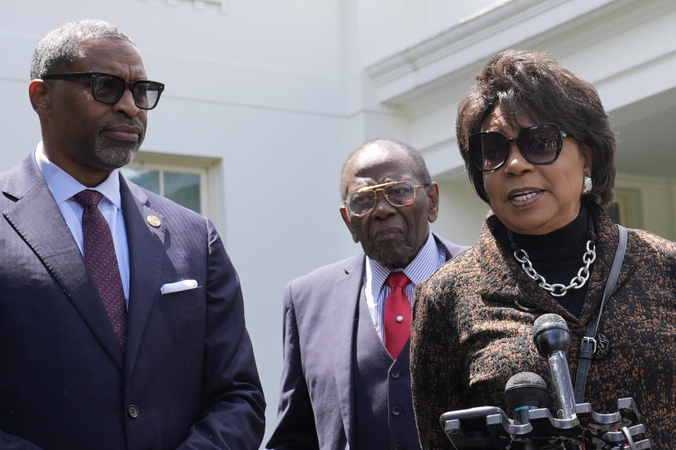 Cheryl Brown Henderson, right, daughter of Brown v. Board of Education named plaintiff Oliver Brown, speaks to reporters outside the White House in Washington, Thursday, May 16, 2024, following a meeting with President Joe Biden to mark the 50th anniversary of the historic Supreme Court decision. Henderson is joined by, from left, NAACP President Derrick Johnson and Brown v. Board of Education plaintiff and veteran John Stokes. (AP Photo/Susan Walsh)