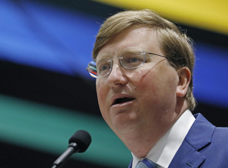 Republican nominee for governor, Lt. Gov. Tate Reeves addresses business leaders at the Mississippi Economic Council's annual "Hobnob Mississippi," in Jackson, Miss., Thursday, Oct. 31, 2019. The social event is hosted by the state chamber of commerce and is one of the last big political gatherings before the Nov. 5 elections. (AP Photo/Rogelio V. Solis)