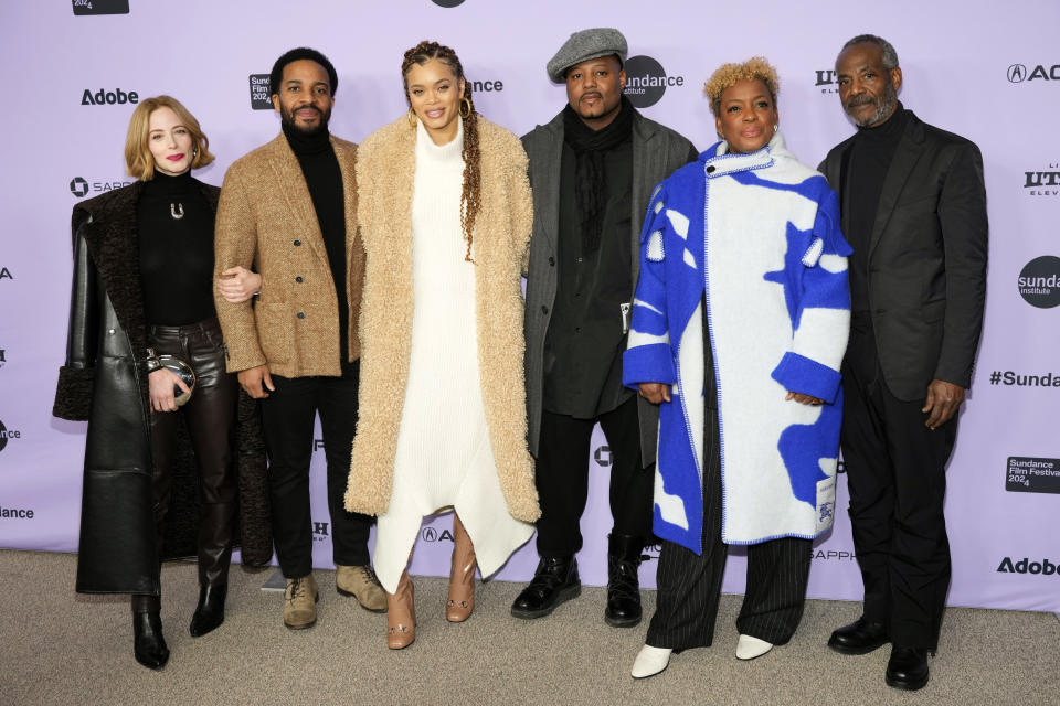 Jaime Ray Newman, from left, Andre Holland, Andra Day, Titus Kaphar, Aunjanue Ellis-Taylor and John Earl Jelks attend the premiere of "Exhibiting Forgiveness" at the Eccles Theatre during the Sundance Film Festival on Saturday, Jan. 20, 2024, in Park City, Utah. (Photo by Charles Sykes/Invision/AP)