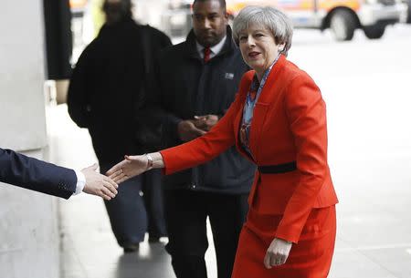 Britain's Prime Minister Theresa May arrives at the BBC to attend the Marr Show, in London, April 30, 2017. REUTERS/Peter Nicholls