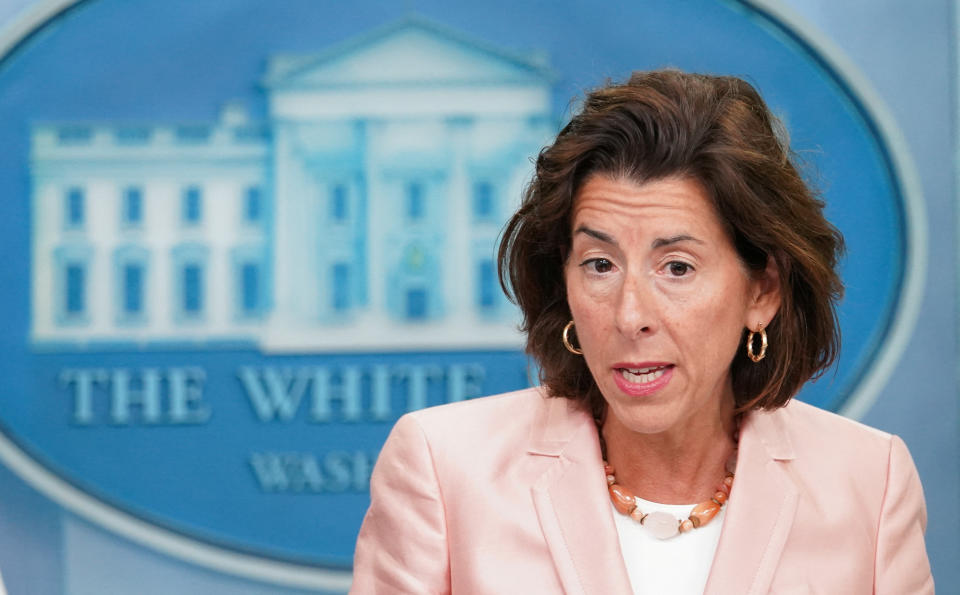 U.S. Secretary of Commerce Gina Raimondo speaks about semiconductor chips subsidies during a press briefing at the White House in Washington, U.S., September 6, 2022. REUTERS/Kevin Lamarque