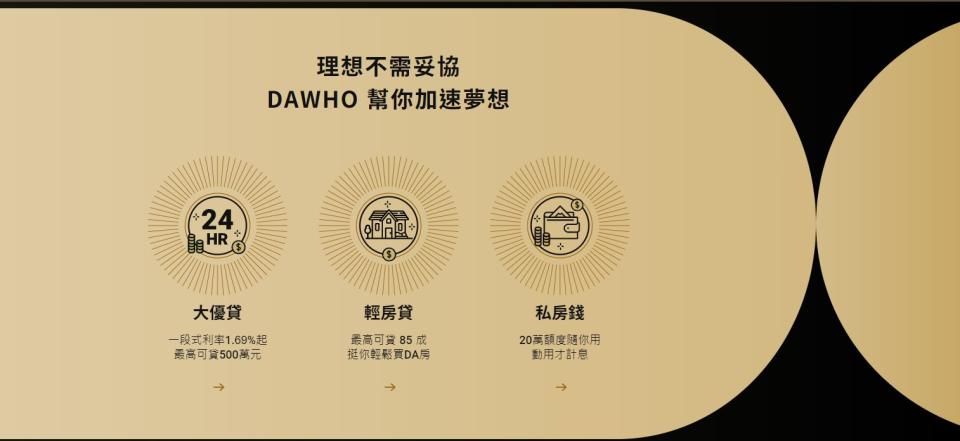 永豐大戶DAWHO，突破多數白底為主的使用畫面，挑戰以黑色與金色的高雅搭配。圖/翻攝自公司官網