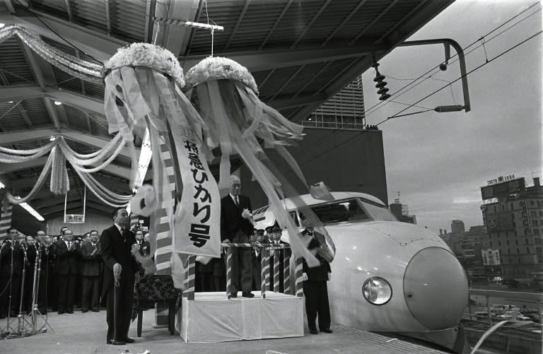 The inauguration ceremony for Japan's first bullet train service, the Tokaido Shinkansen, in Tokyo in 1964, as the country enjoyed a long postwar boom