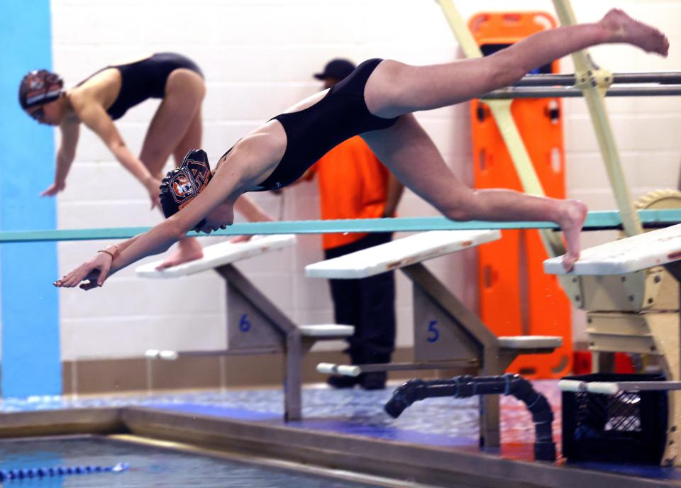 Oliver Ames Ashley Powers during the 500-yard freestyle versus Stoughton High School on Thursday, Jan. 12, 2023.