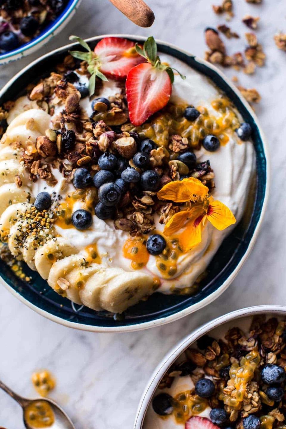 Blueberry, banana, and granola yogurt bowls.