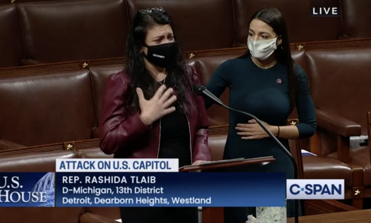 <p>AOC comforts weeping Rashida Tlaib as she recounts ‘trauma’ of death threats in Capitol riot testimony</p> (CSPAN)