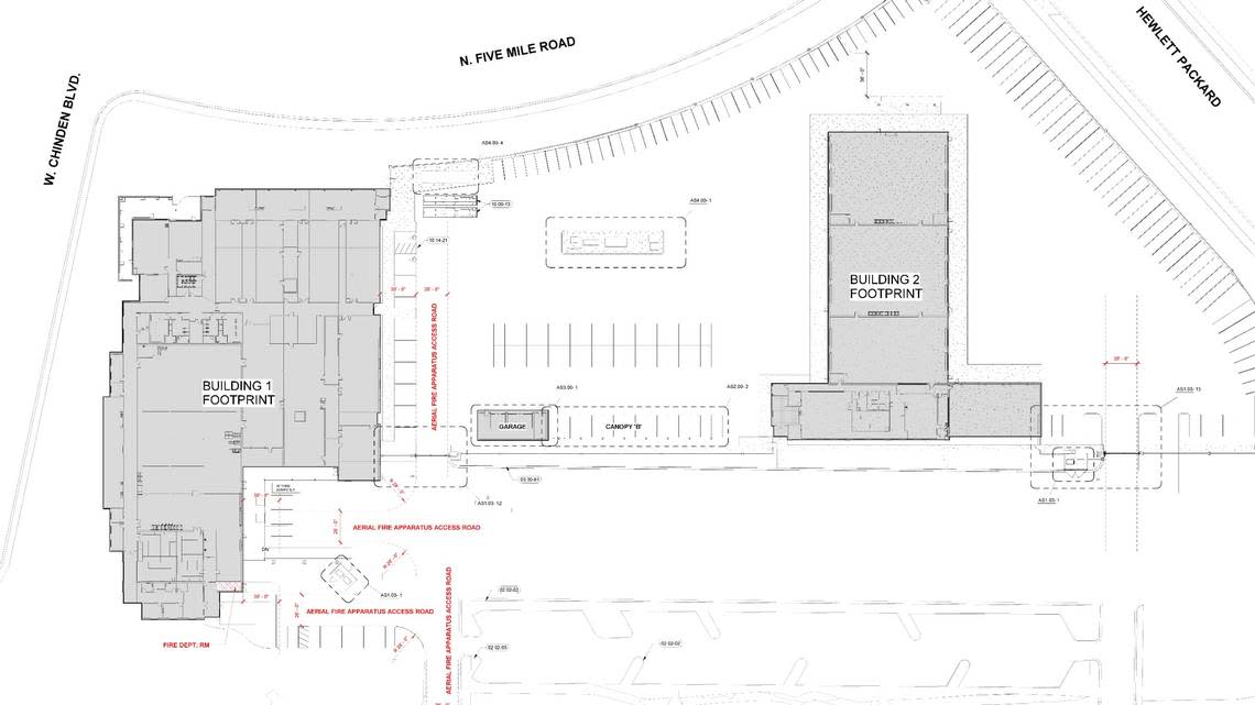 Plans for the new ITD Annex at the Idaho State Chinden Campus northeast of Centennial High School include a central laboratory and office space in the first building, at left. The second building, at right, would include some space for fleet storage and office space for the department’s pavement asset management team along with maintenance and traffic operations teams. CSHQA