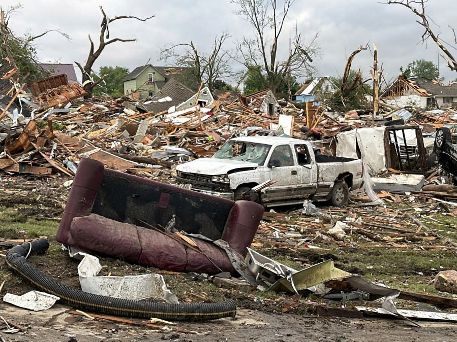 Damage is seen after a tornado moved through Greenfield, Iowa, Tuesday, May 21, 2024. (AP Photo/Hannah Fingerhut)