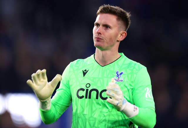 Dean Henderson looks towards Crystal Palace fans at full-time