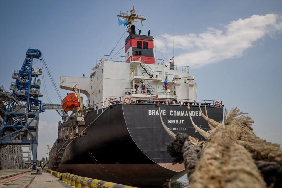 The first UN-chartered vessel MV Brave Commander loads more than 23,000 tonnes of grain to export to Ethiopia, in Yuzhne, east of Odessa on the Black Sea coast, on August 14, 2022 (AFP via Getty Images)