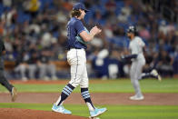 Tampa Bay Rays starting pitcher Ryan Pepiot reacts as Detroit Tigers' Riley Greene runs around the bases following his home run during the third inning of a baseball game Tuesday, April 23, 2024, in St. Petersburg, Fla. (AP Photo/Chris O'Meara)