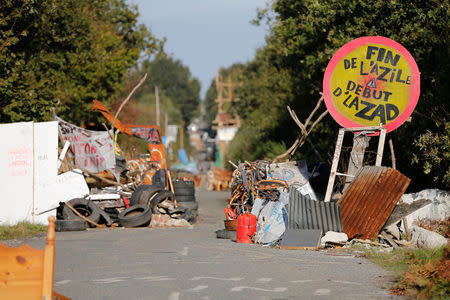 View of the blockaded D281 road in the zoned ZAD (Deferred Development Zone) in Notre-Dame-des-Landes, that is slated for the Grand Ouest Airport (AGO), western France, October 18, 2016. Picture taken October 18, 2016. REUTERS/Stephane Mahe