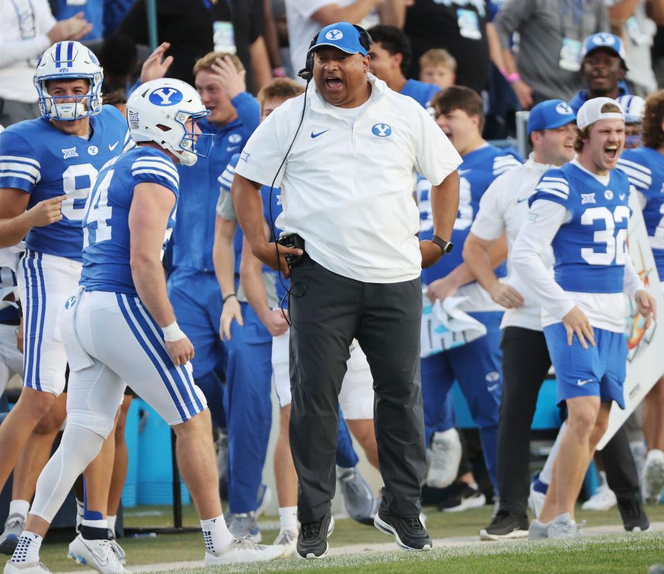 BYU Cougars head coach Kalani Sitake celebrates after an interception against Texas Tech on Oct. 21, 2023. BYU won 27-14.