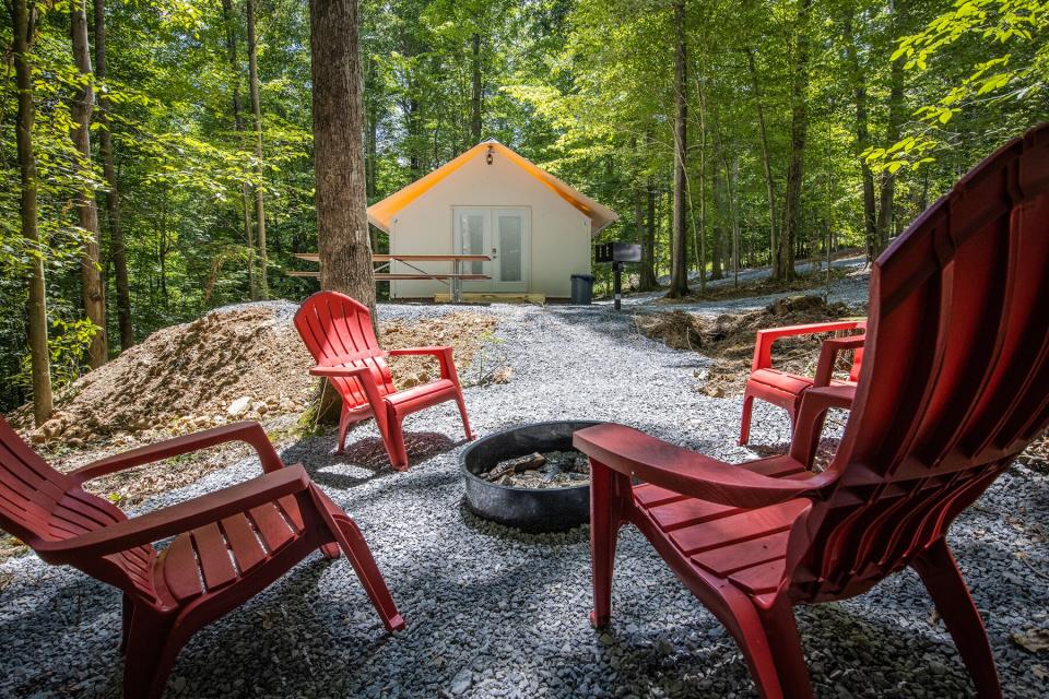 Exterior of a glamping tent at Adventures on the Gorge in New River Gorge National Park