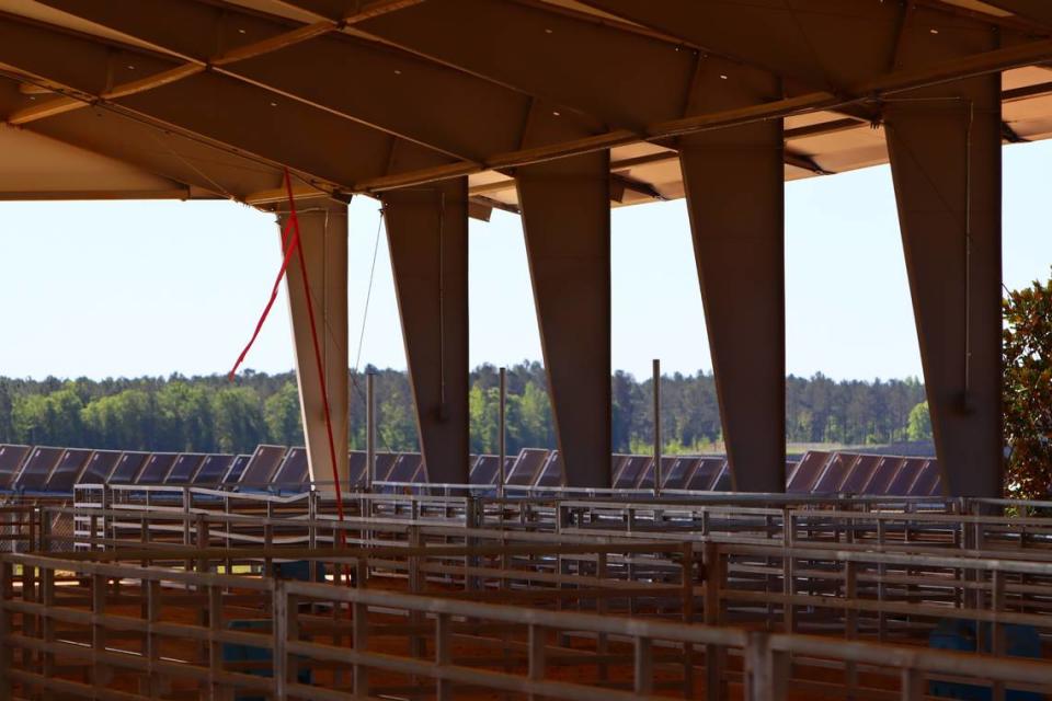 The inside of the lambing barn at Houston Solar in Houston County, Georgia. The panels at the 86 MW site power 11,000 Georgia EMC homes. 4/12/23